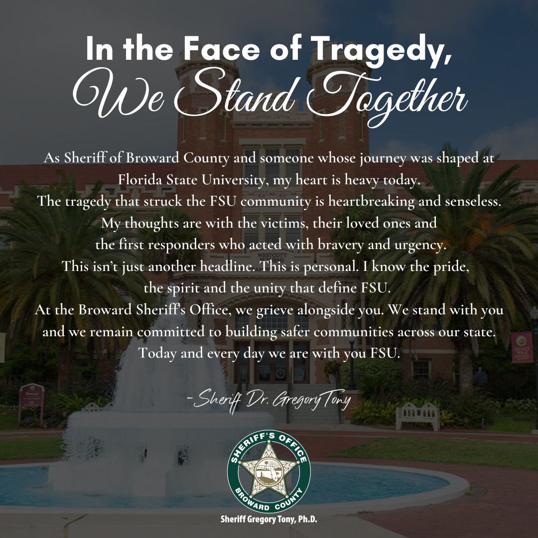 bsosherifftony's tweet photo. My thoughts are with the victims, their loved ones and the first responders who acted with bravery and urgency.

At the Broward Sheriffs Office, we grieve alongside you. We stand with you and we remain committed to building safer communities across our state. https://t.co/HKERZgr1jF
