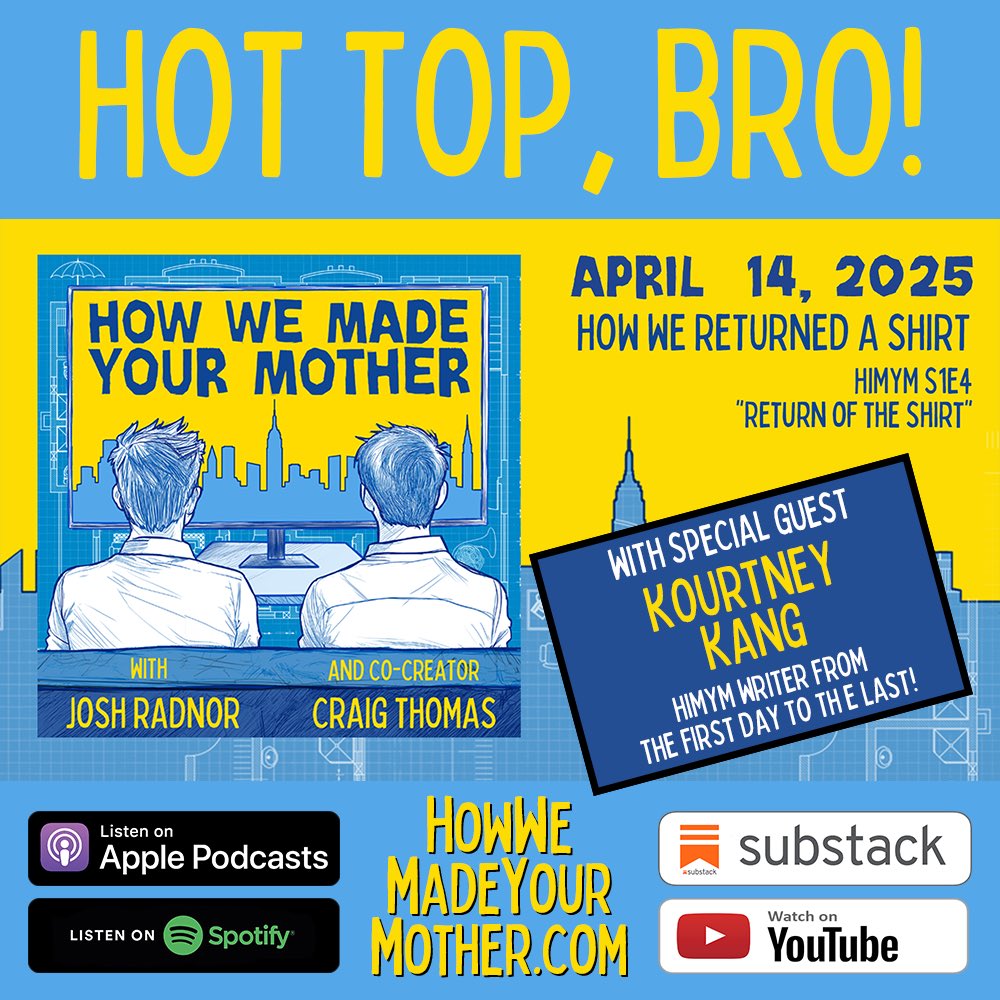 Josh Radnor (@joshradnor) on Twitter photo First episode of HWMYM this week.....
We sat down with <a href="/kourtneykang/">Kourtney Kang</a>, the writer of RETURN OF THE SHIRT.
We talked shirts, sock monkeys, and birthday-themed breakups. Something for everyone!
howwemadeyourmother.com First episode of HWMYM this week.....
We sat down with <a href="/kourtneykang/">Kourtney Kang</a>, the writer of RETURN OF THE SHIRT.
We talked shirts, sock monkeys, and birthday-themed breakups. Something for everyone!
howwemadeyourmother.com