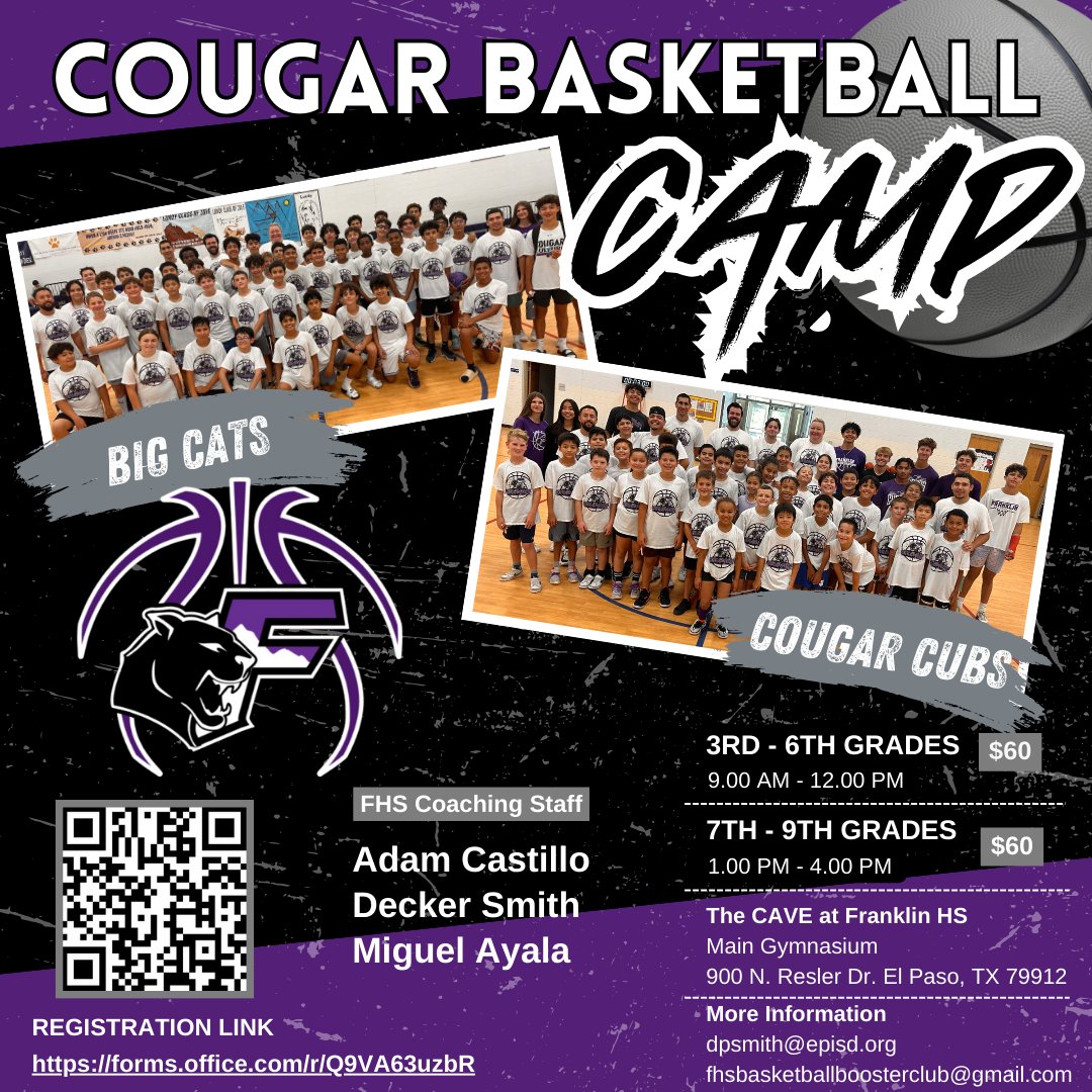 Cougar 🏀 Camp is back at THE CAVE
Bring your son/daughter out for another round of 🏀 Camp with your FHS Coaching Staff.
June 16-18, 2025
The Cave at Franklin HS
3rd - 6th Grades: 9am - 12pm
7th - 9th Grades: 1pm - 4pm
$60
Register by June 1 to ensure your t-shirt size!!!
