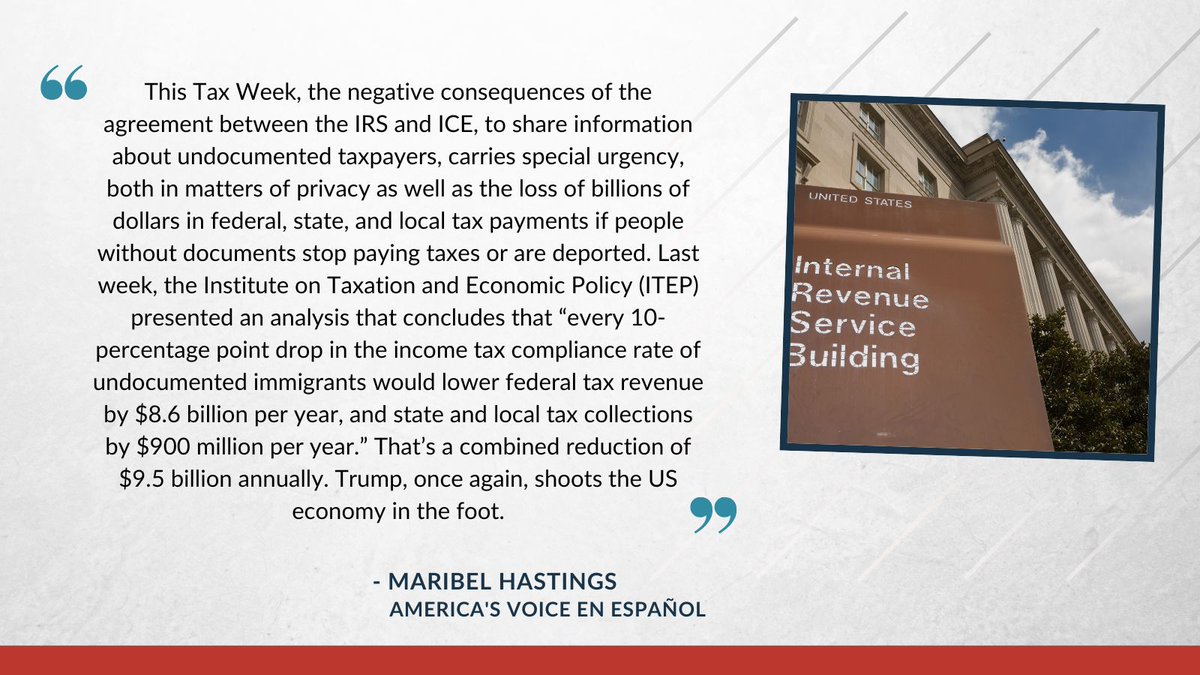 America's Voice (@americasvoice) on Twitter photo In her weekly column, <a href="/maribelhastings/">Maribel Hastings</a> writes that the IRS-ICE agreement strikes a blow to privacy and the government's pocketbook that would lose billions in unreported taxes
buff.ly/hFKSrbn In her weekly column, <a href="/maribelhastings/">Maribel Hastings</a> writes that the IRS-ICE agreement strikes a blow to privacy and the government's pocketbook that would lose billions in unreported taxes
buff.ly/hFKSrbn