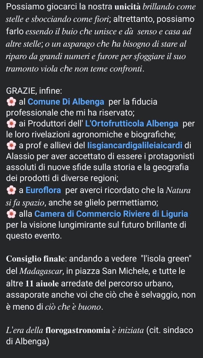 GRAZIE: 
🌸 Comune di Albenga
🌸 Camera di Commercio Riviere di Liguria
🌸 Ortofrutticola Albenga
🌸 Euroflora
🌸 Istituto Giancardi Galilei Aicardi

#FiordAlbenga hashtag#Albengaintavola hashtag#Habitat
hashtag#AsparagoviolettodAlbenga hashtag#ScopriAlbenga
hashtag#FataZucchina