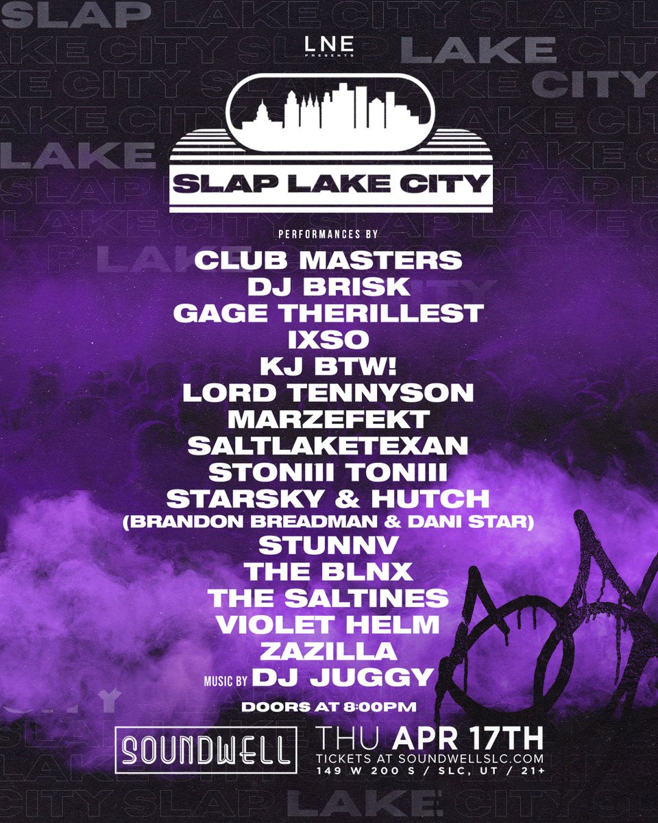 Soundwell (@soundwellslc) on Twitter photo TONIGHT💨Slide through for Slap Lake City 420 Edition!
DOORS @ 8PM // 21+ Show
Music By: <a href="/djjuggy/">Industry Party Bumrusha</a>
RSVP @ SoundwellSLC.com
+ Get 20% OFF Food at <a href="/studiosaltlake/">Studio at Soundwell</a> with your concert ticket🍕
See you there👐
#SlapLakeCity #SoundwellSLC #LNE TONIGHT💨Slide through for Slap Lake City 420 Edition!
DOORS @ 8PM // 21+ Show
Music By: <a href="/djjuggy/">Industry Party Bumrusha</a>
RSVP @ SoundwellSLC.com
+ Get 20% OFF Food at <a href="/studiosaltlake/">Studio at Soundwell</a> with your concert ticket🍕
See you there👐
#SlapLakeCity #SoundwellSLC #LNE