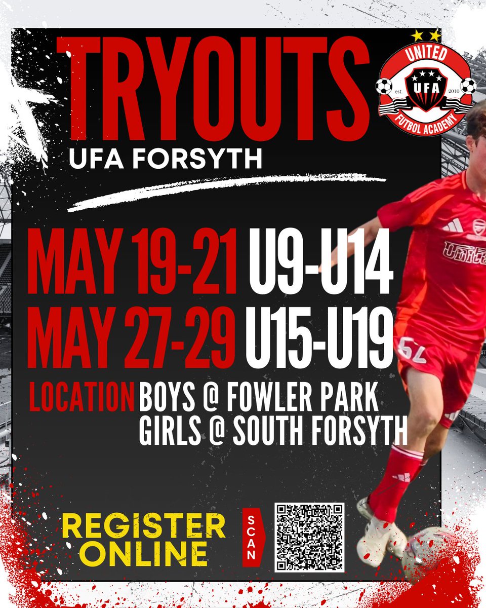 Register online now for UFA tryouts! Options also available for North Forsyth - register at link in bio for all locations or unitedfa.org/icymi