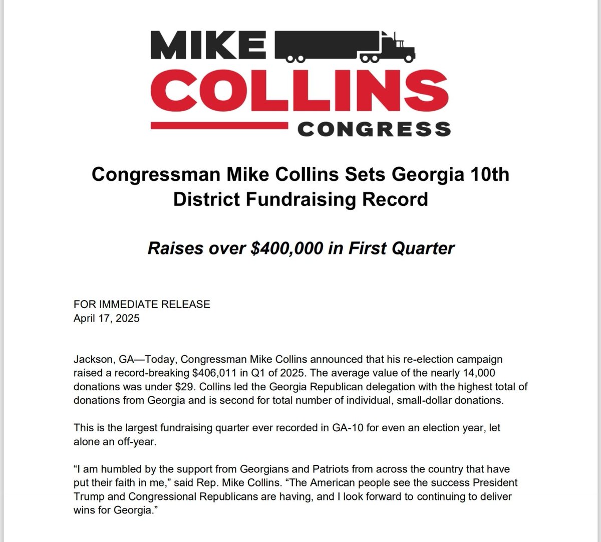 TeamOverhaulDC's tweet image. A great fundraising quarter for @MikeCollinsGA. #gapol