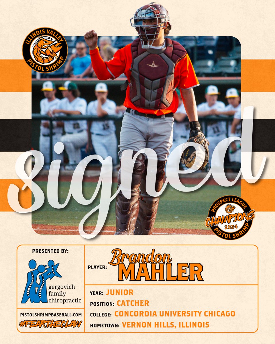 Signed: Brandon Mahler! #FearTheClaw

𝐂𝐨𝐥𝐥𝐞𝐠𝐞: <a href="/CUCbaseball/">CUC Baseball</a>
𝐓𝐫𝐞𝐚𝐭: Cookies &amp; Cream Ice Cream
𝐏𝐥𝐚𝐲𝐞𝐫: Willson Contreras
𝐓𝐡𝐞𝐦𝐞 𝐍𝐢𝐠𝐡𝐭: Salute to the Military

𝑷𝒓𝒆𝒔𝒆𝒏𝒕𝒆𝒅 𝑩𝒚: Gergovich Family Chiropractic