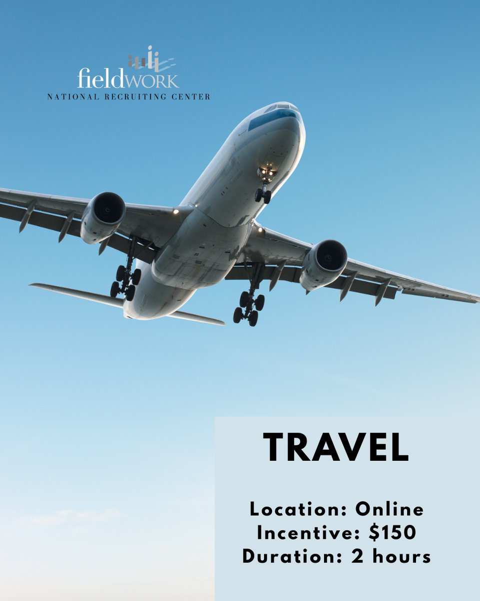FieldworkNRC's tweet image. Fieldwork NRC is looking for adults in #Virginia , to participate in a two hour, online market research study regarding travel. 

Link: participate.fieldwork.com/Account/Redire…

Reference #: 6451NRC25
Location: Online
Incentive: $150
Duration: 2 hours
Date(s): May 7th
Time(s): Various