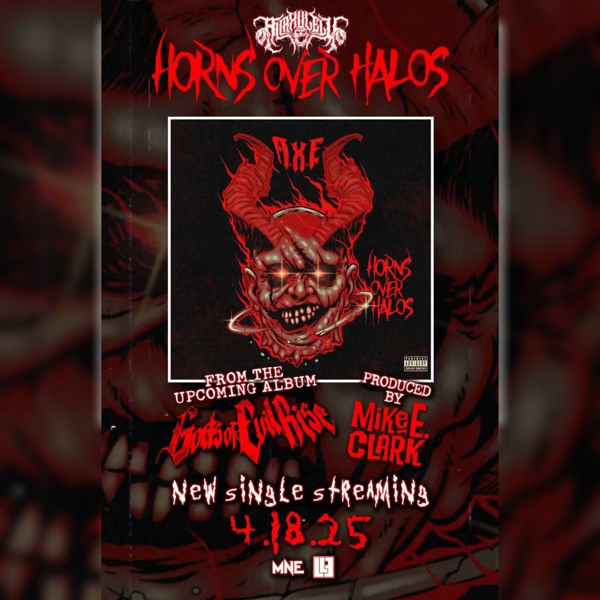 ColoradoMNE's tweet photo. A new @AllaXulElu music video of the hit single "Horns over Halos" is streaming 4/18 at https://t.co/n4RDuKCDKS

Pre order, pre save the Gods of Evil Rise album due out May 9th at https://t.co/R8p0lqvU56

#MNE #MajikNinjaEntertainment #LLE #LongLiveEvil #AXE #AllaXulElu https://t.co/zedgAl9VOZ