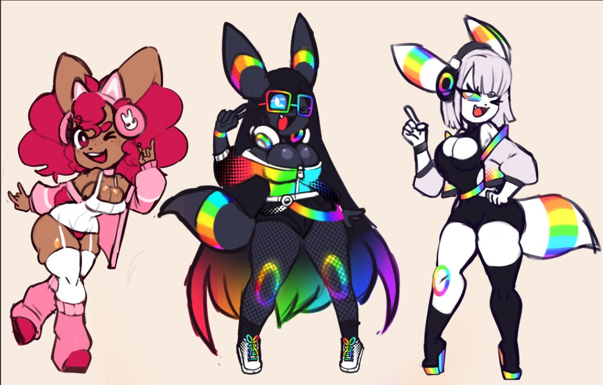 Some gamer poke girls im working on, which one is your fav?  I personally love the dark theme RGB umbreon💛