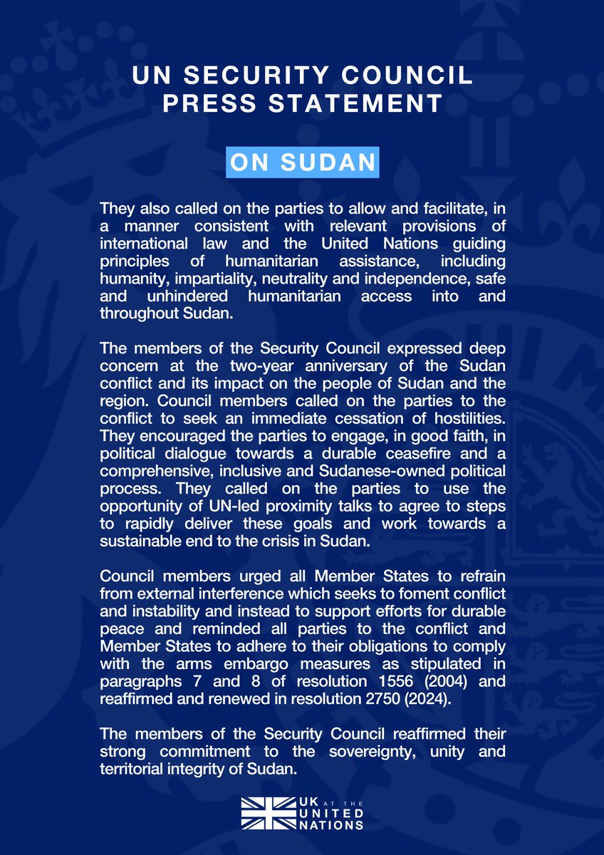 UK at the UN 🇬🇧🇺🇳 (@ukun_newyork) on Twitter photo The war in Sudan has caused the world’s worst humanitarian crisis.
The <a href="/UN/">United Nations</a> Security Council strongly condemns ongoing RSF attacks in Darfur, which have killed over 400 civilians, including 11 aid workers.
All perpetrators of attacks on civilians should be held to account. The war in Sudan has caused the world’s worst humanitarian crisis.
The <a href="/UN/">United Nations</a> Security Council strongly condemns ongoing RSF attacks in Darfur, which have killed over 400 civilians, including 11 aid workers.
All perpetrators of attacks on civilians should be held to account.