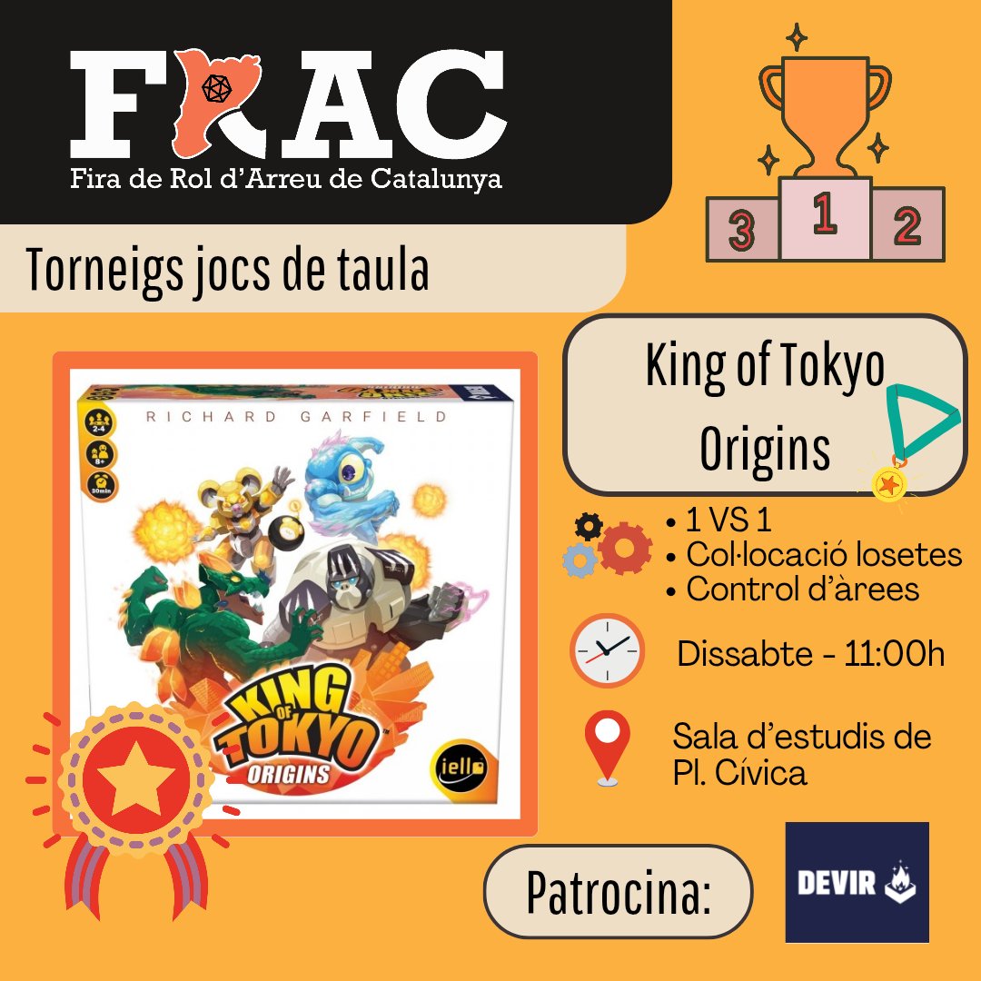 Dissabte a la tarda a la #FRAC25 tindrem torneig de #KingOfTokyoOrigins! La nova versió a afegir-se a la gran família dels #KingOfTokyo, t'animes a participar? 🏆🗼

📝forms.gle/vHvZZ5btD8yMb9…
Torneig patrocinat per <a href="/devirgames/">Devir Games</a>

#torneig #torneigjocsdetaula #jocsdetaula