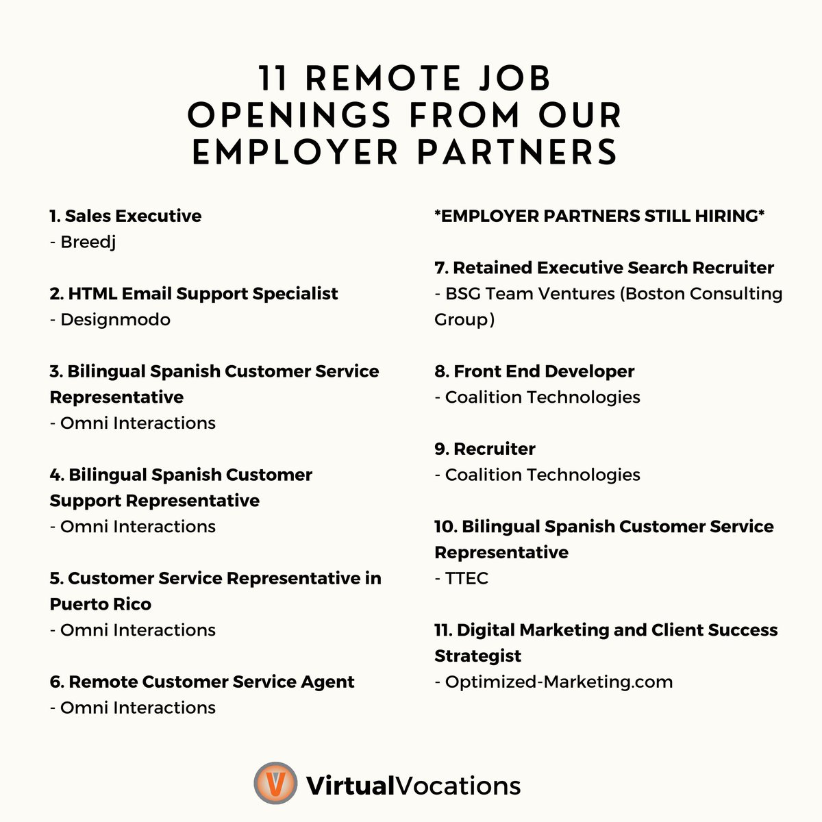 We have 11 Remote #JobOpenings with our Employer Partners this week! 🎉 

Share with someone you know searching for remote opportunities, and click the link to check out these roles and apply!

#VVEmployerPartners #Hiring #RemoteJobs

virtualvocations.com/blog/employer-…