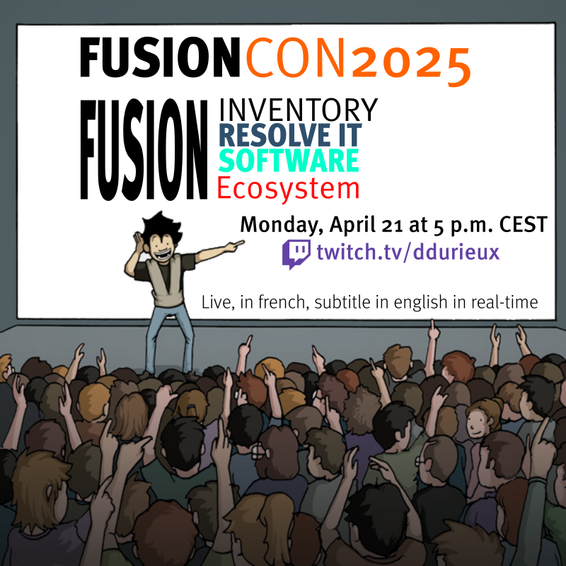 Join us Monday at 5 PM CEST for #FusionCon2025, live on Twitch, in French with English subtitles.

Announcing applications like #FusionResolveIT, the GLPI's #dataFork!

See you Monday ^_^