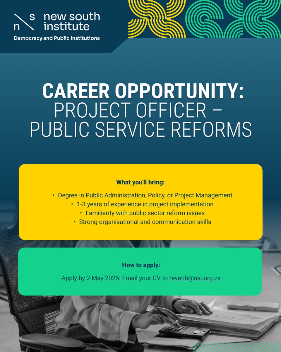 New South Institute (NSI) (@the_nsi) on Twitter photo JOB ALERT: Project Officer – Public Service Reforms at New South Institute
Implement initiatives improving governance & accountability in SA's public sector. 12-month contract in JHB.
Requires: Degree, 1-3 yrs project experience
Apply by 2 May.
More info: bit.ly/42kG5SZ JOB ALERT: Project Officer – Public Service Reforms at New South Institute
Implement initiatives improving governance & accountability in SA's public sector. 12-month contract in JHB.
Requires: Degree, 1-3 yrs project experience
Apply by 2 May.
More info: bit.ly/42kG5SZ