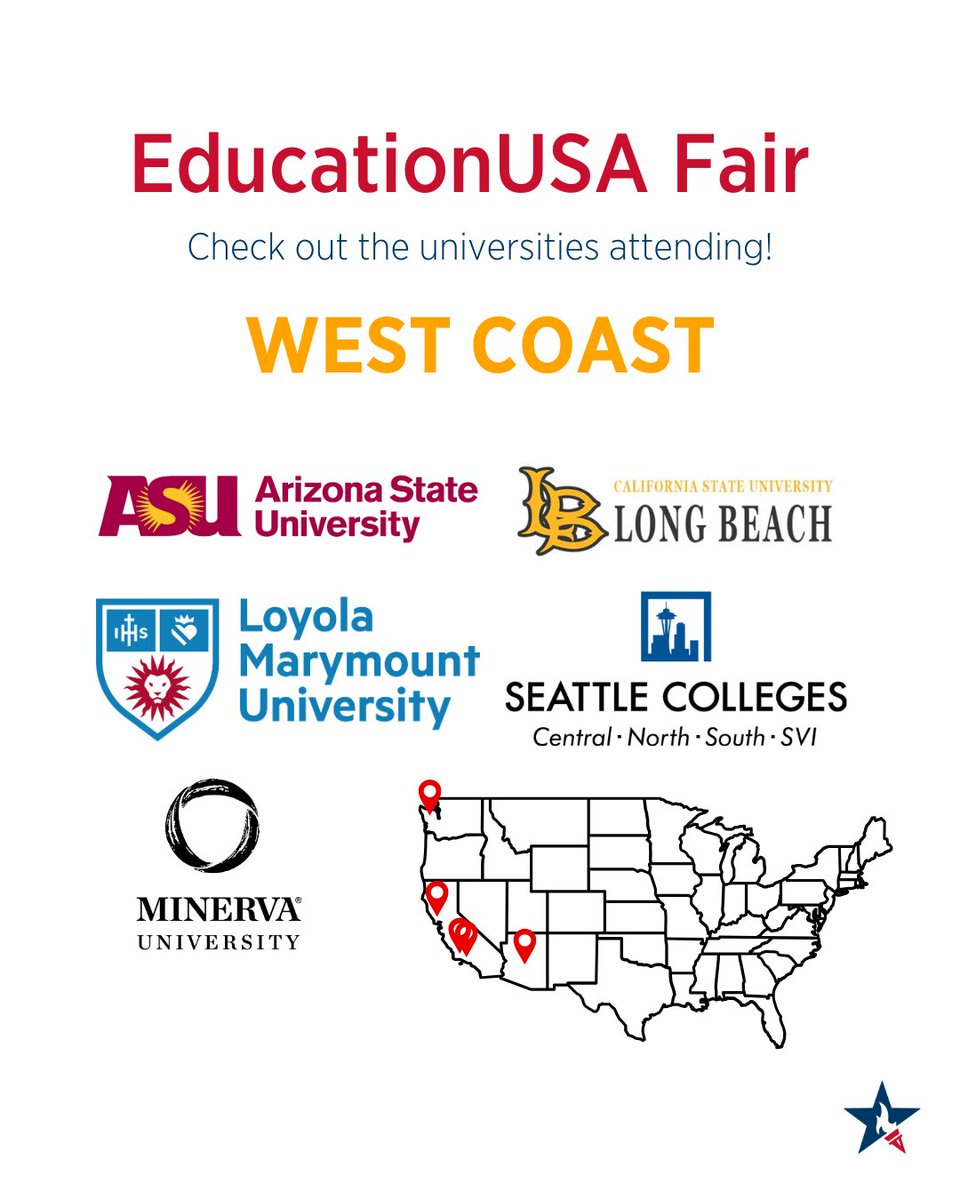 🎡Are you getting excited for the EducationUSA College Fair?! Check out all the awesome universities that will be there and where they're located across the United States! 🗺️

If you still haven't registered, click here: ow.ly/mEae50VubUF