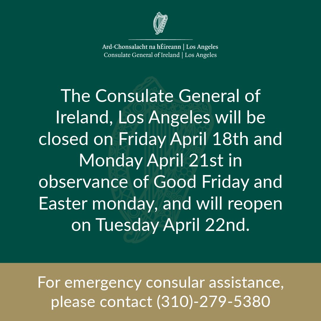 Happy Easter! 🐇☘️

The Consulate will be closed from Friday April 18th and will reopen on Tuesday April 22nd. 

For emergency consular assistance, please call 310-279-5380 and leave a detailed message!