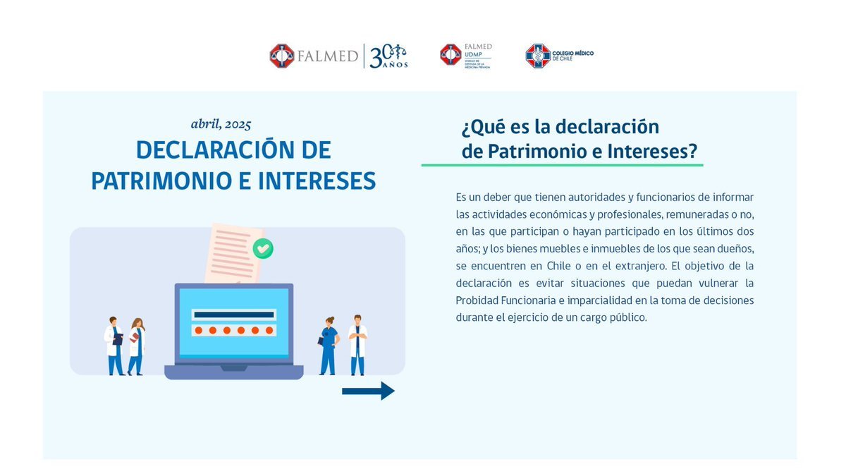 colmedchile's tweet photo. Junto a @falmedchile y la Unidad de Defensa de la Medicina Privada, #UDMP de #FALMED, te contamos sobre la 𝗗𝗲𝗰𝗹𝗮𝗿𝗮𝗰𝗶ó𝗻 𝗱𝗲 𝗣𝗮𝘁𝗿𝗶𝗺𝗼𝗻𝗶𝗼 𝗲 𝗜𝗻𝘁𝗲𝗿𝗲𝘀𝗲𝘀.
1️⃣ ¿Qué es?
2️⃣ ¿Quién debe declarar?
3️⃣ ¿Cuándo debe efectuarse?
4️⃣ ¿Cuáles pueden ser las sanciones?
✅ Desliza
#FALMED30Años