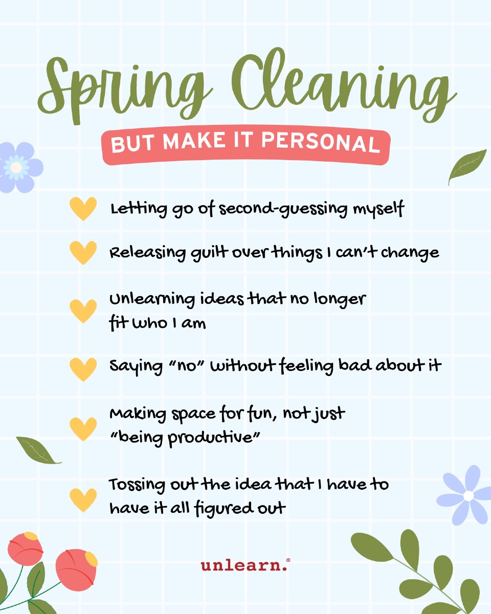 🧹 Spring cleaning, but make it personal.

💪🏽Clearing out the closet? Great.
But clearing out self-doubt, guilt, and unrealistic expectations? Even better.

✅ Let go of second-guessing
✅ Say no without the guilt
✅ Make space for joy—not just productivity

This season, give