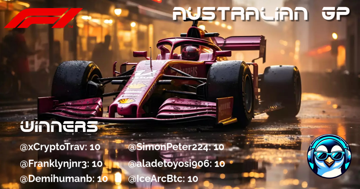 $PLAY | Pete the Penguin | STX (@playpenguinstx) on Twitter photo 🚨 And the WINNERS of previous F1 competition (#AustralianGP) are:
<a href="/xCryptoTrav/">Trav.</a>
<a href="/Franklynjnr3/">Franklynjnr3.btc</a>
<a href="/Demihumanb/">🥥bolupik.btc (Ø,G)</a>
<a href="/SimonPeter224/">simonpeter.stx</a>
<a href="/aladetoyosi906/">Aliajiggy.btc</a>
<a href="/IceArcBtc/">IceArc.btc</a>
All of them with 10 points! 🥳
The amount of game must be divided in equal parts.
Have 72hs to send DM with Addy 📭
#sBTC 🚨 And the WINNERS of previous F1 competition (#AustralianGP) are:
<a href="/xCryptoTrav/">Trav.</a>
<a href="/Franklynjnr3/">Franklynjnr3.btc</a>
<a href="/Demihumanb/">🥥bolupik.btc (Ø,G)</a>
<a href="/SimonPeter224/">simonpeter.stx</a>
<a href="/aladetoyosi906/">Aliajiggy.btc</a>
<a href="/IceArcBtc/">IceArc.btc</a>
All of them with 10 points! 🥳
The amount of game must be divided in equal parts.
Have 72hs to send DM with Addy 📭
#sBTC