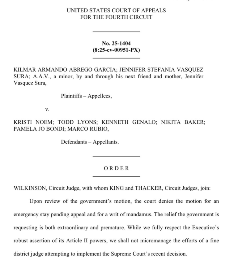 ArtCandee's tweet image. The Fourth Circuit of the U.S. Court of Appeals rejected Donald Trump&apos;s administration and the DOJ&apos;s appeal to stay Judge Xinis&apos; order in the Kilmar Abrego Garcia case to facilitate his return.

“We shall not micromanage the efforts of a fine district judge attempting to…
