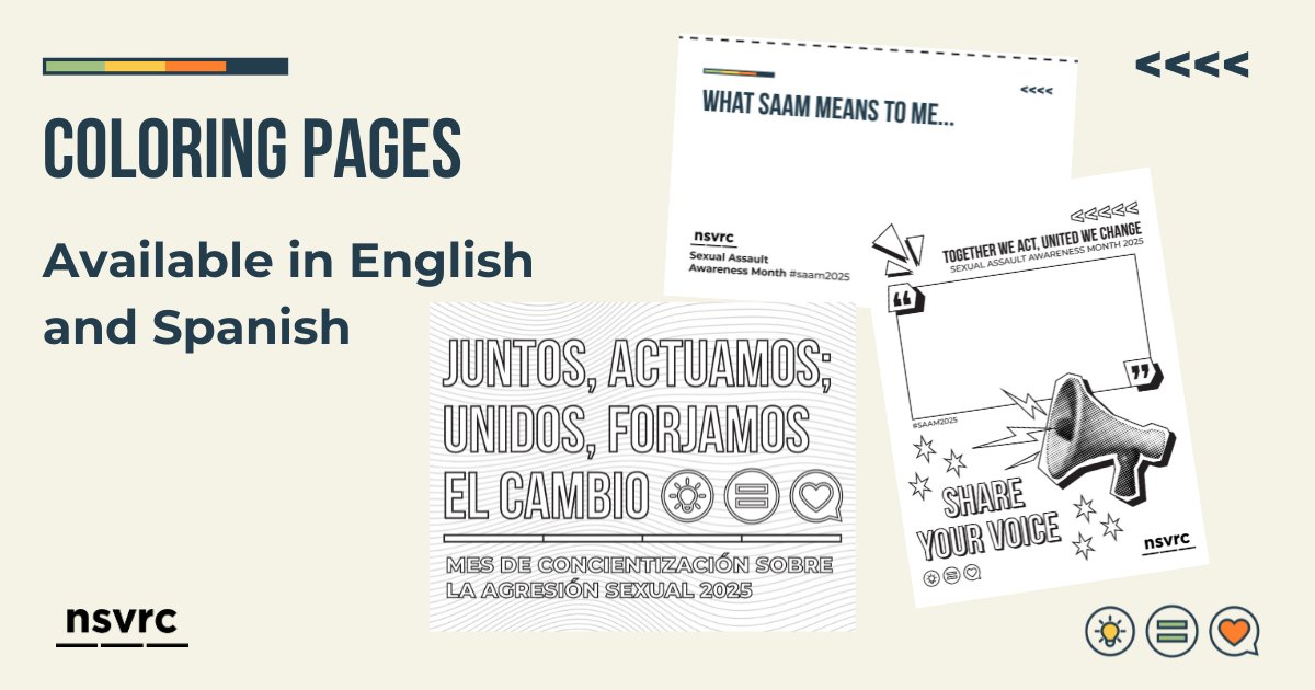 New #SAAM2025 coloring pages are here! Designed to spark conversations and inspire reflection, they’re perfect for youth groups, classrooms, or mindful breaks. 🎨

Download in English &amp; Spanish + help spread the message for creating safer communities: nsvrc.org/blogs/coloring…