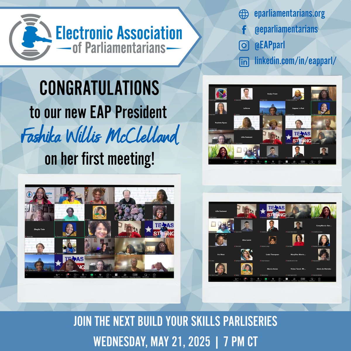EAPparl's tweet photo. We had a great time at our new president's first official meeting! With over 100 attendees, President Willis McClelland provided tools and strategies for new presidents to use to get organized and energized to lead. DON'T MISS OUT! Mark your calendars for our next session. https://t.co/4ZgbwDcOVB