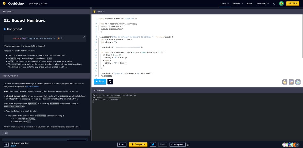 ztarjom's tweet image. Based Numbers 🔢 #CodedexBasedNumbers @codedex_io 

Javascript with Node.js does not use prompt()