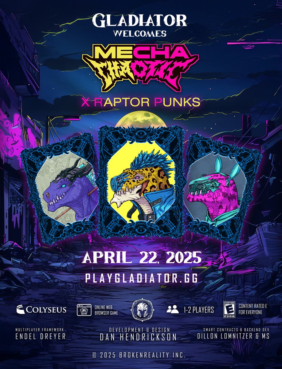 Dan Hendrickson (@brokenrealitydh) on Twitter photo <a href="/MechaChaoticNFT/">⚠ Mecha-Chaotic⚠</a> X Raptor Punks!!!
Coming 2025.04.22 @GladiatorTCG is the future ✨
<a href="/colyseus/">Colyseus ⚔️</a> <a href="/endel/">Endel ☕️</a> <a href="/EthanSBrewerton/">🤖 Ethan S. Brewerton 💀</a> #Web3 #Interoperability #GameDev #NFTUtility <a href="/MechaChaoticNFT/">⚠ Mecha-Chaotic⚠</a> X Raptor Punks!!!
Coming 2025.04.22 @GladiatorTCG is the future ✨
<a href="/colyseus/">Colyseus ⚔️</a> <a href="/endel/">Endel ☕️</a> <a href="/EthanSBrewerton/">🤖 Ethan S. Brewerton 💀</a> #Web3 #Interoperability #GameDev #NFTUtility