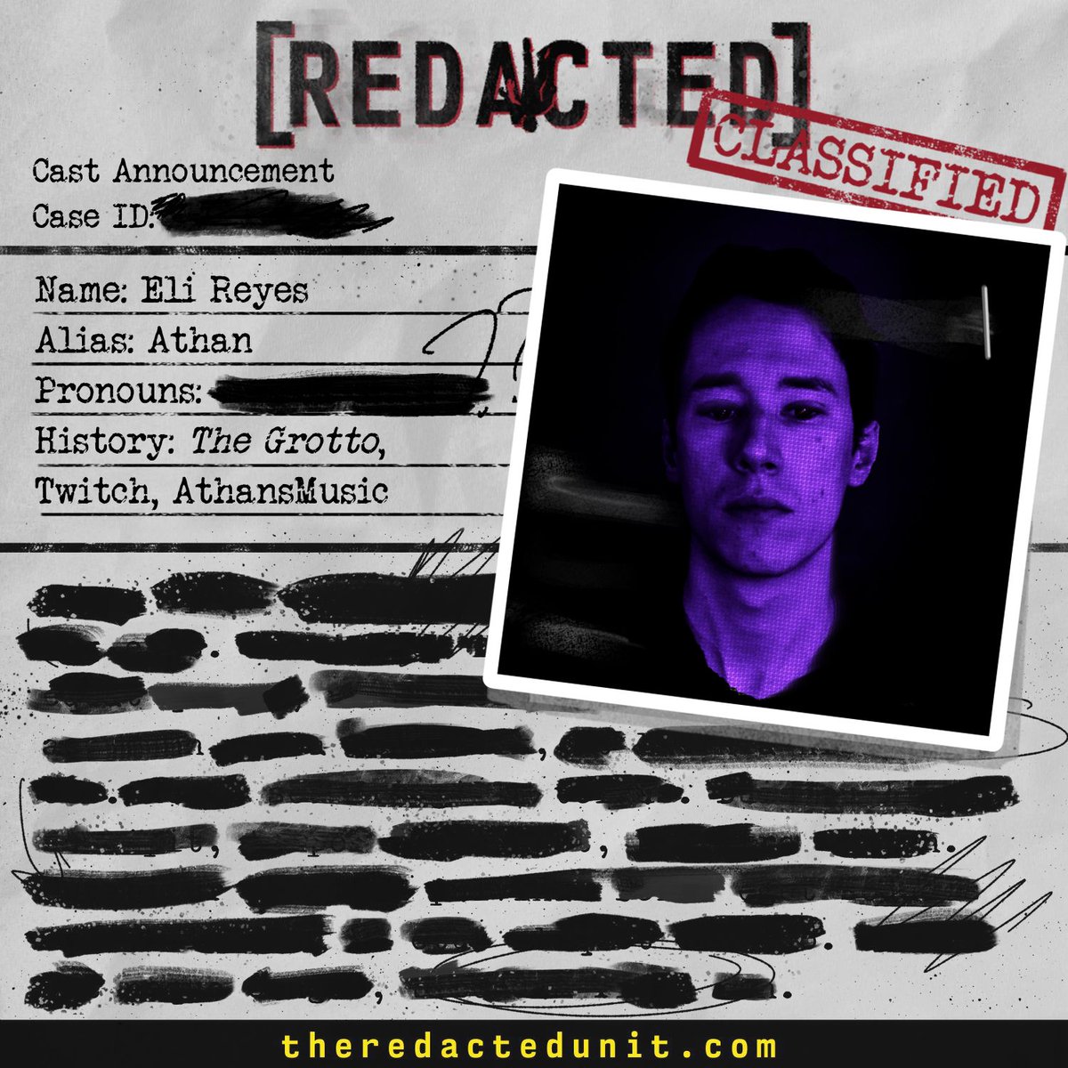 NEW CAST ANNOUNCEMENT

I mean I cast myself idk but still look at the cool graphic <a href="/LyssaJayVA/">Lyssa Jay 🌻🏳️‍🌈</a> made

<a href="/TheRedactedUnit/">REDACTED</a> comes out soon, Kickstarter pre-launch is up now! Click theredactedunit.com/kickstarter and tap "Get Notified"!