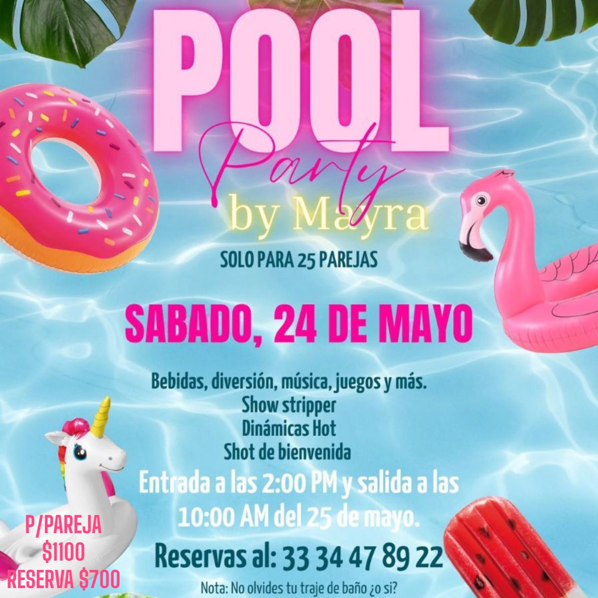 🦩Temática Hawai 🦩     
           🦄BY MAY🦄                    
3️⃣3️⃣3️⃣4️⃣4️⃣7️⃣8️⃣9️⃣2️⃣2️⃣
               *RESERVA*
Solo parejas👩‍❤️‍👨 y chicas solas🦄. 
🍍Exclusivamente 25 parejas. 
🍍Concursos swinger 
🍍Dinamicas swinger        
🍍Shots de bienvenida         
🍍Alberca climatizad