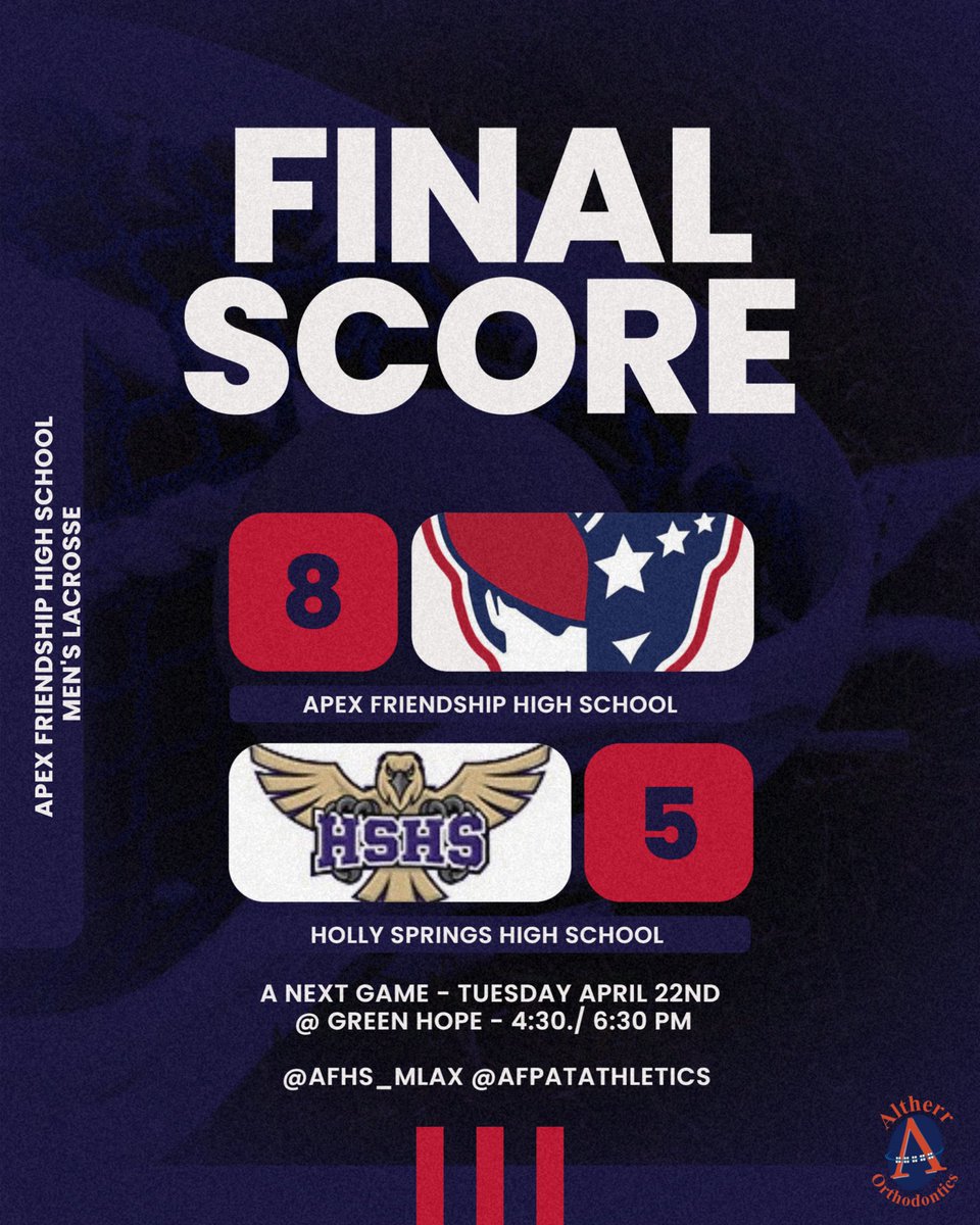 Varsity <a href="/AFHS_mlax/">Apex Friendship Mens Lacrosse</a> Final: Solid SWAC win! Go Pats! #PatFam #RepAFHS