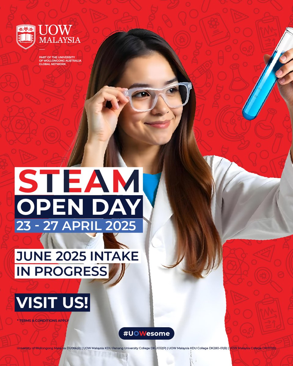 Gain exposure through exciting workshops and exhibitions on STEAM (Science, Technology, Engineering, Arts, Mathematics) at UOW Malaysia campuses from 23 - 27 April 2025.

Our 2025 scholarships &amp; bursaries* await!

Visit us to find out more.

*Terms &amp; conditions apply