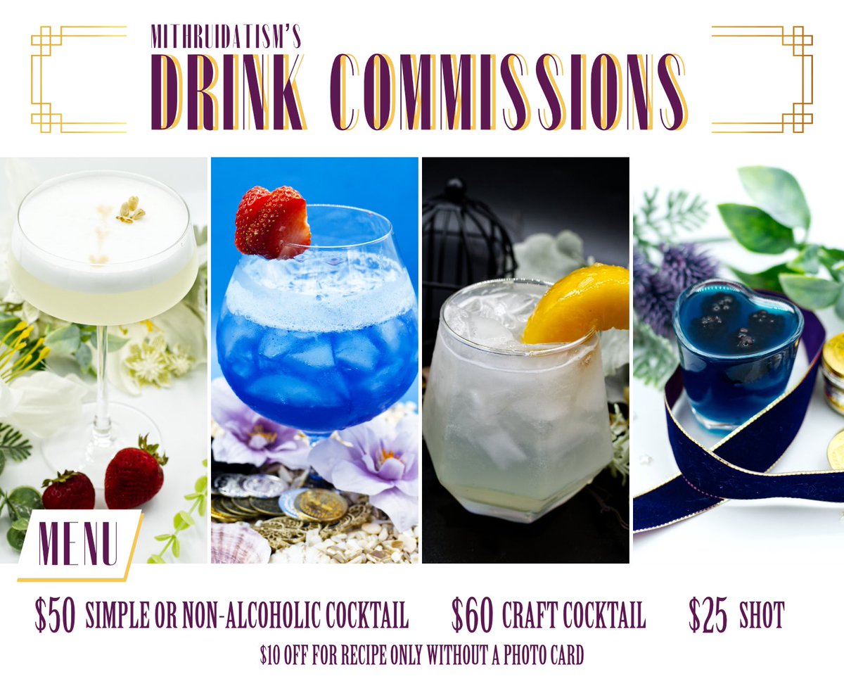 IT’S TIME FOR ANOTHER ROUND OF DRINK COMMS!!!! Opening on April 21 at 12pm CT!!

Limited slots that go fast so add yourself to the ping list to get notified! Let me liquify your blorbos 🤲🏼

🥂🔜  vgen.co/Mithruidatism