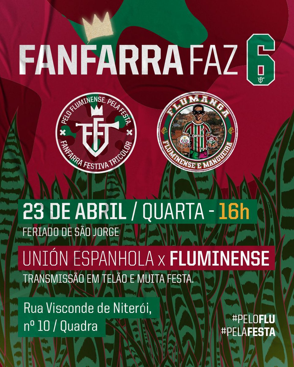 A FFT fez 6 anos dia 13 de abril e temos muito a celebrar! 

E se somos PELO FLU e PELA FESTA, nada mais justo que comemorar com muita música, churrasco e jogo do Fluzão.
Esperamos vocês!

CHURRASCO MEDIANTE CONFIRMAÇÃO (VEM DE DM)
BEBIDAS Á VENDA NO LOCAL