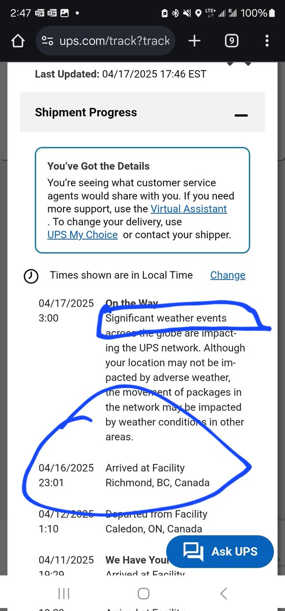 gene_ho's tweet photo. @UPS is the weather too nice considered adverse? It's been sunny and warm in Vancouver the last few day and also in the forecast. Or is it because it's the #easter long weekend that people want their time off? I see #lies in the tracking. #UPSsucks https://t.co/ZIKYqezkhX