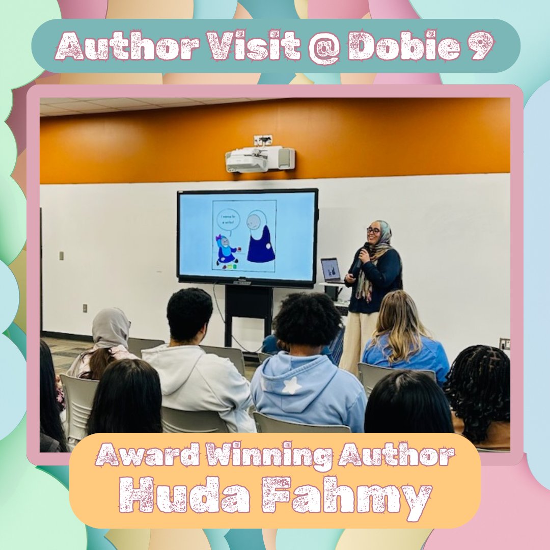 Award winning author Huda Fahmy visited Dobie 9 today! Thank you Mrs. Fahmy for presenting to our students about being a writer &amp; illustrator!

#longhornsREAD #pisdREADS #authorvisits #hslibrary