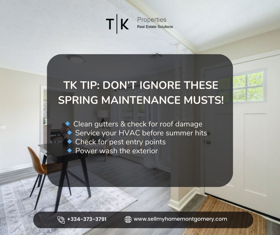 tkinvestmentsgr's tweet image. Spring Home Tip 🌸🏡
Don’t skip these spring must-dos:
🧹 Clean gutters
🔥 Service HVAC
🐜 Check for pests
🧼 Power wash exterior
Prepping to sell? A little upkeep = big returns!
#HomeTips #SpringChecklist #TKProperties