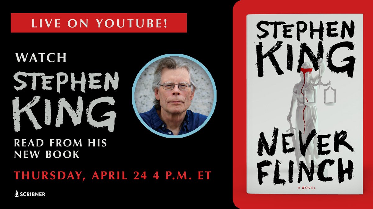 Scribner (@scribnerbooks) on Twitter photo Get ready to be spellbound. 🎙️ Stephen King (<a href="/StephenKing/">Stephen King</a>) is going live on YouTube THIS Thursday, April 24, at 4 PM to read from his chilling new book, NEVER FLINCH. <a href="/skdotcom_news/">StephenKing.com</a>
Tap in here: bit.ly/4lzOtpd Get ready to be spellbound. 🎙️ Stephen King (<a href="/StephenKing/">Stephen King</a>) is going live on YouTube THIS Thursday, April 24, at 4 PM to read from his chilling new book, NEVER FLINCH. <a href="/skdotcom_news/">StephenKing.com</a>
Tap in here: bit.ly/4lzOtpd