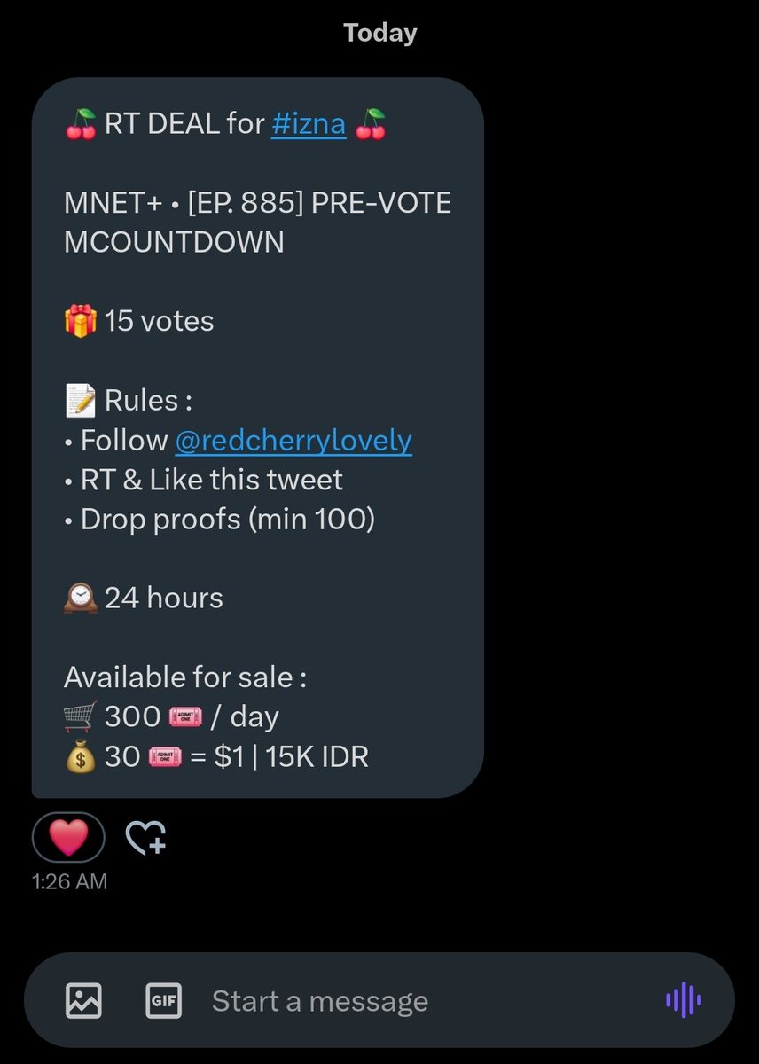 [250418] RT DEAL

🗳️ MCOUNTDOWN PRE VOTE

🏆 15 votes

RULES:
- Follow <a href="/redcherrylovely/">Red Cherry | SELL KPOP VOTES</a>
- Like and rt this tweet 
-Drop proofs (min 100)

🗓️ 24 hours

#izna #이즈나 #イズナ <a href="/izna_offcl/">izna</a> <a href="/izna_offcl_jp/">izna JP</a>