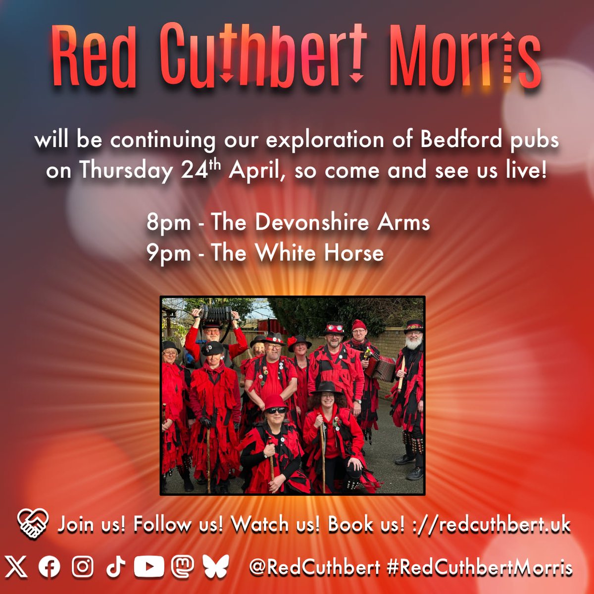 Red Cuthbert will be continuing our exploration of Bedford pubs on Thursday 24th April, so come and see us live!
8pm - The Devonshire Arms
9pm - The White Horse
#bedford #morris