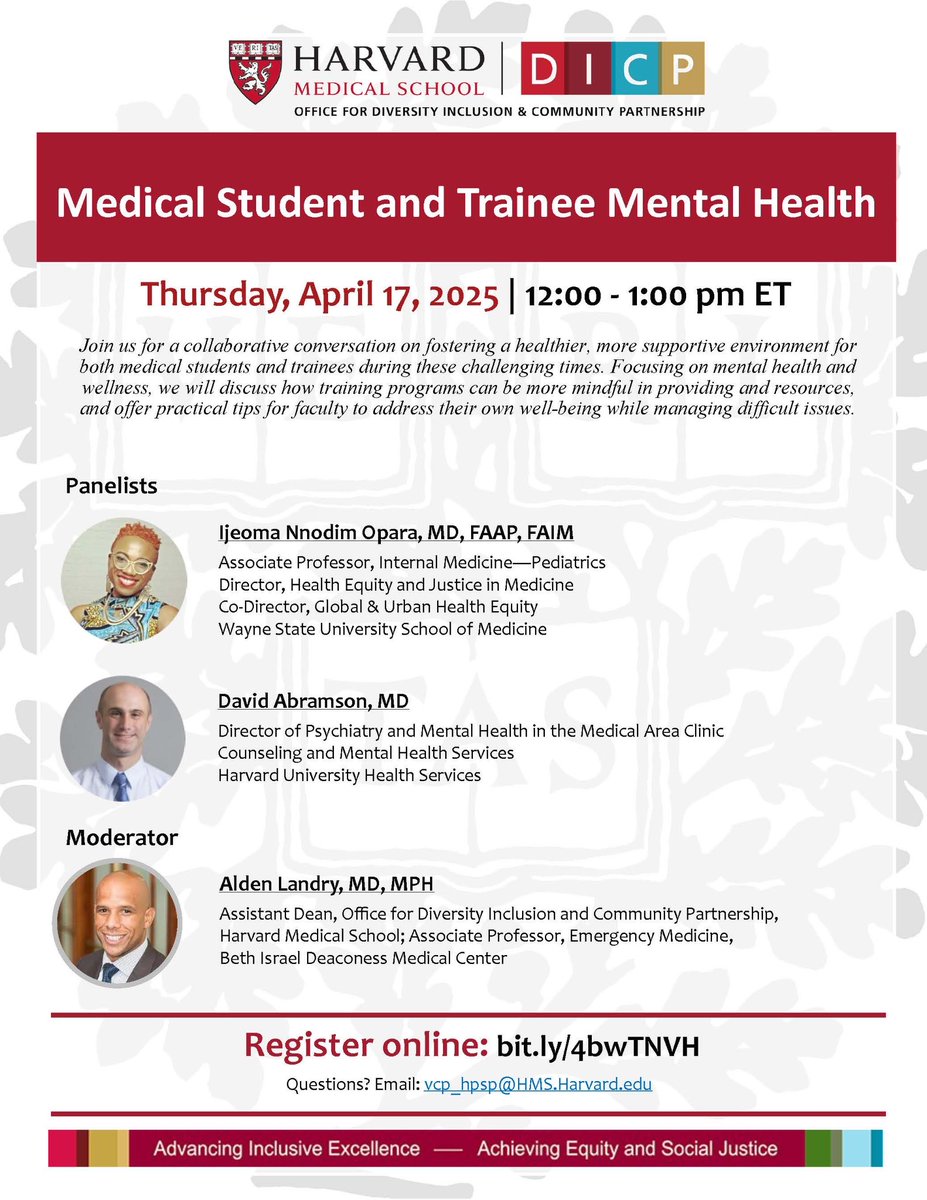 I’m so happy to have been a speaker today on the structural &amp; social drivers of Mental Health for minoritized students and trainees at Harvard Medical School Office of Diversity Inclusion &amp; Community Partnerships.

We’re still doing the work! 
Unapologetic, Unbossed, &amp; Unbothered