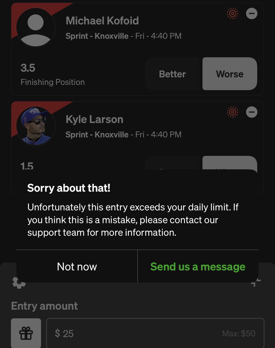My play tomorrow would be to take worse on these due to the high car count expected.

<a href="/Underdog/">Underdog</a> only lets people bet when they are making money I guess. Once the player starts winning, they won’t let you bet anymore. 

Cool <a href="/Underdog/">Underdog</a> <a href="/NXTbets/">NXTbets</a> <a href="/WorldofOutlaws/">World of Outlaws</a>