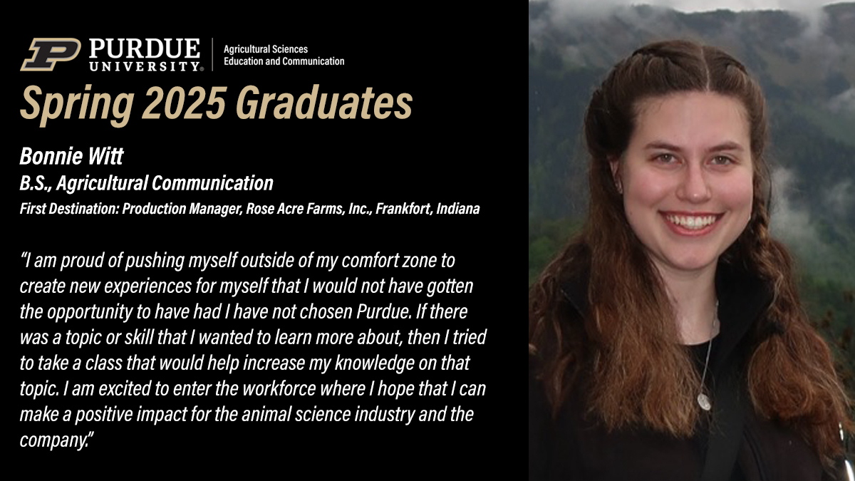 Purdue ASEC (@purdueasec) on Twitter photo Please join us in recognizing our <a href="/PurdueAg/">Purdue Agriculture</a> May graduates. Today, we congratulate Bonnie Witt, who will be a Production Manager at <a href="/RoseAcreFarms/">Rose Acre Farms</a>. #PurdueAgCom, <a href="/PurdueANSC/">Purdue Animal Sciences</a>. bit.ly/4luxhkP Please join us in recognizing our <a href="/PurdueAg/">Purdue Agriculture</a> May graduates. Today, we congratulate Bonnie Witt, who will be a Production Manager at <a href="/RoseAcreFarms/">Rose Acre Farms</a>. #PurdueAgCom, <a href="/PurdueANSC/">Purdue Animal Sciences</a>. bit.ly/4luxhkP