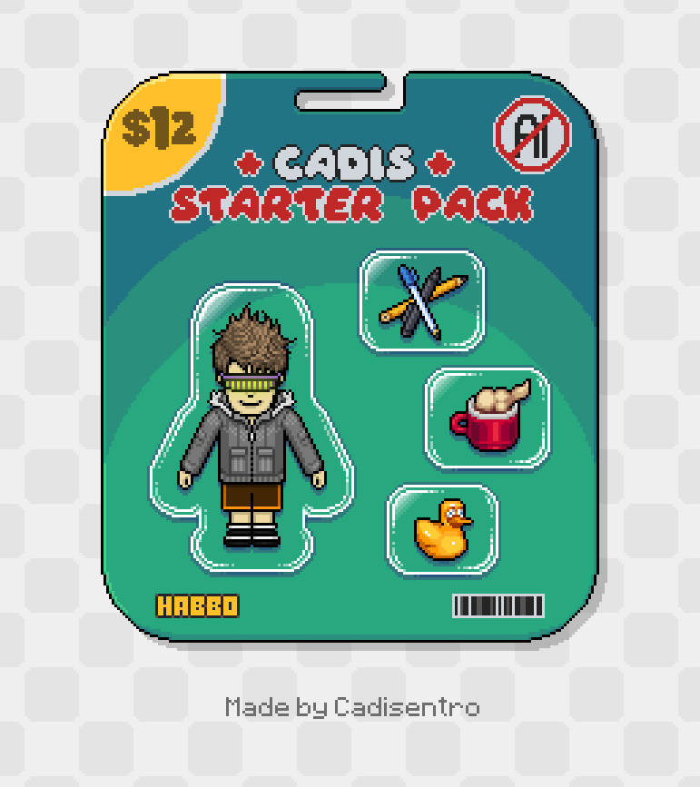 CadisPixel's tweet photo. Também entrei na trend! Action figure do meu personagem com os itens iniciais básicos para começar sua jornada 🏨🏃‍♂️💨

#pixelart #starterpack #starterpacknoai #habbo https://t.co/SBfXGfYEjX