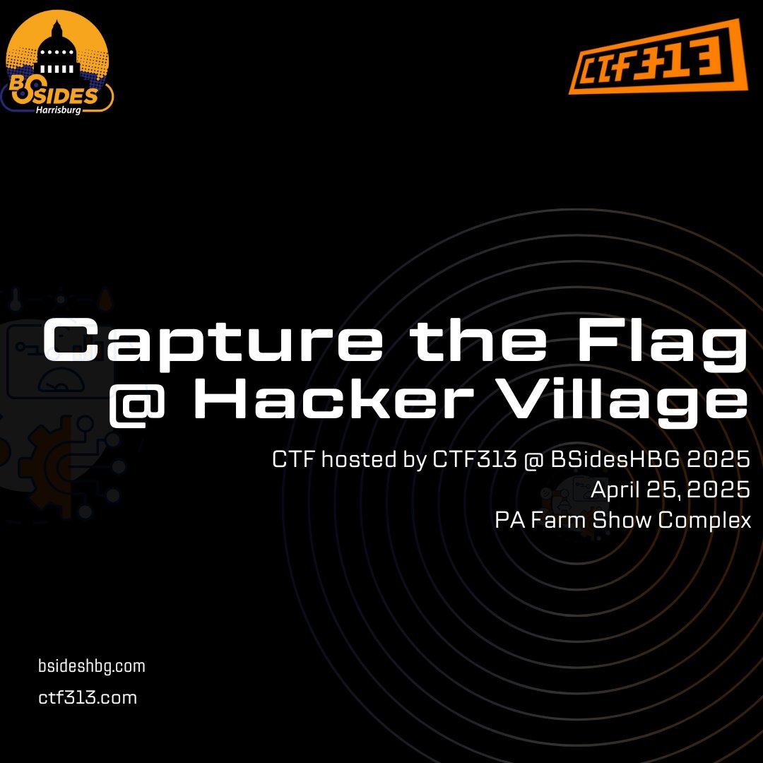 Looking for a challenge? Want to have some fun? Check out the #ctf CTF313 will be running on Friday April 25! CTF not your thing? Mess around in the #ICS village. Get your tickets at eventzilla.net/e/bsides-harri…