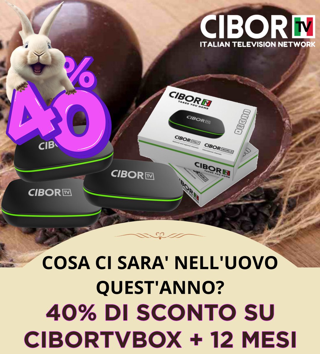 Cosa ti  aspetta nell'uovo di Pasqua quest'anno?
Su cibortv.com CiborTVbox + 1 anno con 40% di sconto, approfitta!