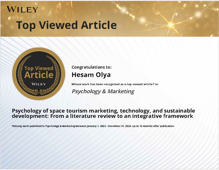Professor Hesam Olya (@hgtolya) on Twitter photo Cool to see our article on psychology of space tourism marketing 🚀 made the top-viewed list in Psychology & Marketing
Thanks to everyone who’s read, shared, or discussed the work🙌 doi.org/10.1002/mar.21…
With <a href="/JavanehMehran/">Javaneh Mehran</a> <a href="/BRISTTSheffield/">BRISTTSheffield</a> <a href="/sheffielduni/">The University of Sheffield</a> Cool to see our article on psychology of space tourism marketing 🚀 made the top-viewed list in Psychology & Marketing
Thanks to everyone who’s read, shared, or discussed the work🙌 doi.org/10.1002/mar.21…
With <a href="/JavanehMehran/">Javaneh Mehran</a> <a href="/BRISTTSheffield/">BRISTTSheffield</a> <a href="/sheffielduni/">The University of Sheffield</a>