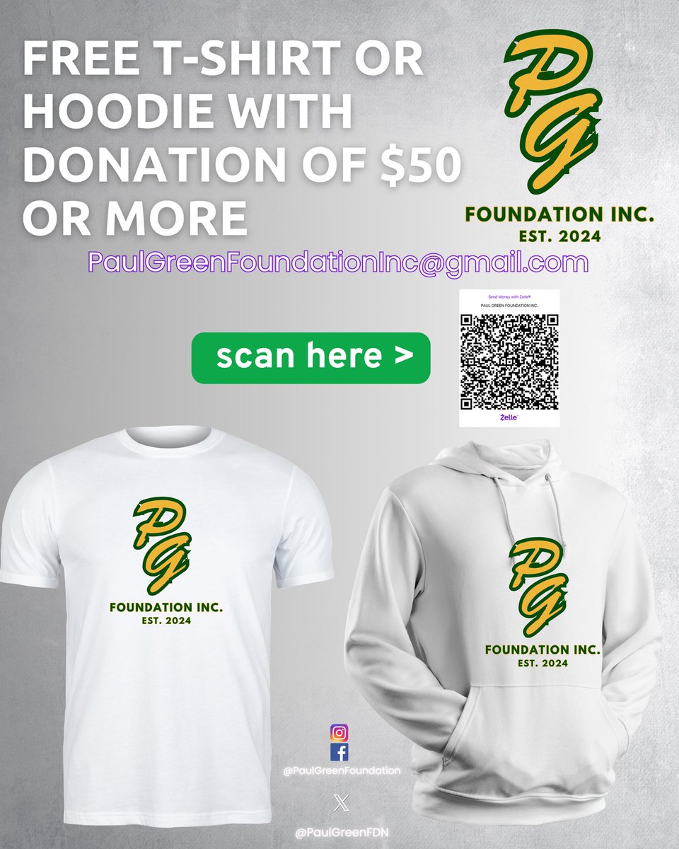 Paul Green Foundation (@paulgreenfdn) on Twitter photo FREE T-Shirt or Hoodie with Donation of $50 or more.
Send payment via Zelle
Use QR code or email: PaulGreenFoundationINC@gmail.com
Direct Message Shirt/ Hoodie Size and proof of donation. Our team will arrange pick up/ delivery method.
#PaulGreenFoundationINC
#PaulGreenFDN FREE T-Shirt or Hoodie with Donation of $50 or more.
Send payment via Zelle
Use QR code or email: PaulGreenFoundationINC@gmail.com
Direct Message Shirt/ Hoodie Size and proof of donation. Our team will arrange pick up/ delivery method.
#PaulGreenFoundationINC
#PaulGreenFDN
