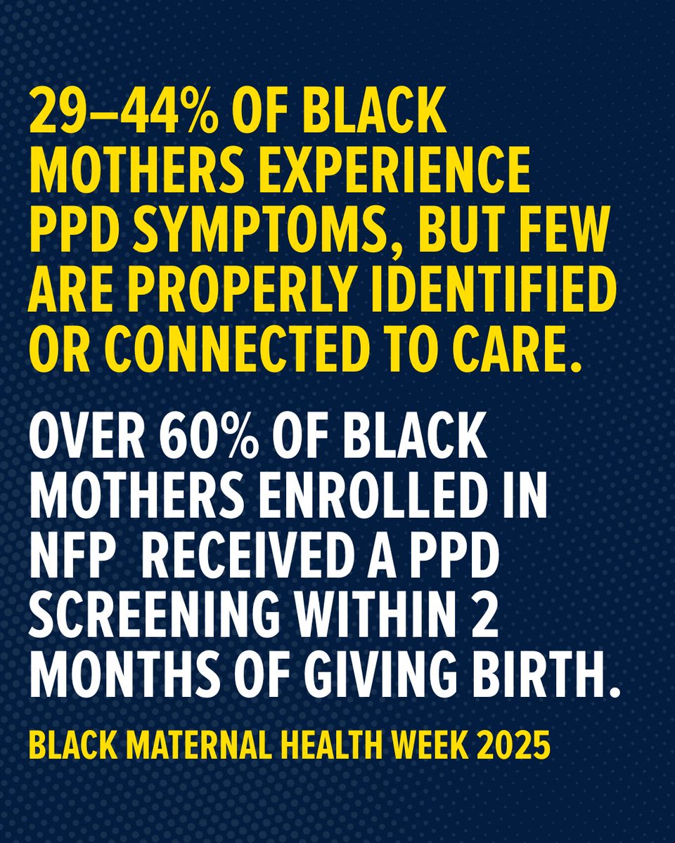 Postpartum depression affects up to 44% of Black moms—yet most go unsupported. At NFP, over 60% of Black clients received a PPD screening. Screening matters. So does follow-up care. We’re working to make both happen. #BlackMaternalHealthWeek #BMHW25