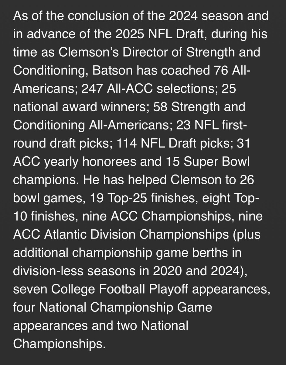 It’s hard to describe the impact <a href="/CoachBatson/">Joey Batson</a> has had on me (and countless others) as a person and a coach since I started as a GA at Clemson in 2004

A well earned and deserved retirement! One of the best to ever do it! He made the field of S&amp;C better!

tigernet.com/clemson-footba…