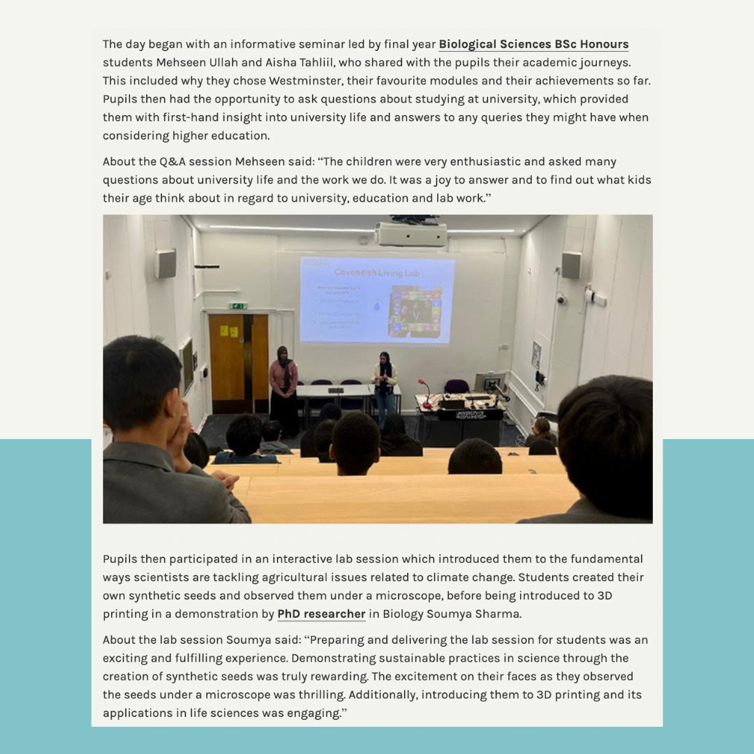 🎓 From the classroom to the lab!

Year 9 pupils from Bow School explored university life at our Cavendish Living Lab through student-led talks, synthetic seed experiments, and 3D printing demos.🌱

🔗 Read more about it: tinyurl.com/2kwx5v94